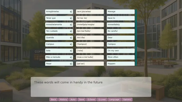 Vocabulary before a scene: words with transcription, audio and translation